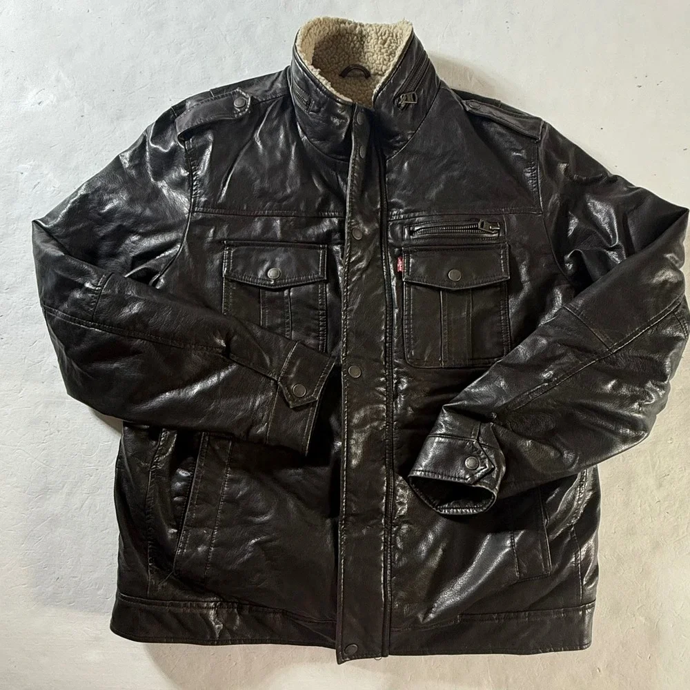 Levi Strauss Faux Leather Jacket Men Large Brown Sherpa Lined Field Coat RN54163 - Picture 2 of 8